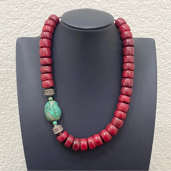 Handcrafted Red Coral & Turquoise Bali Toggle Clasp 17” Chunky Necklace 113g - Picture 2 of 15